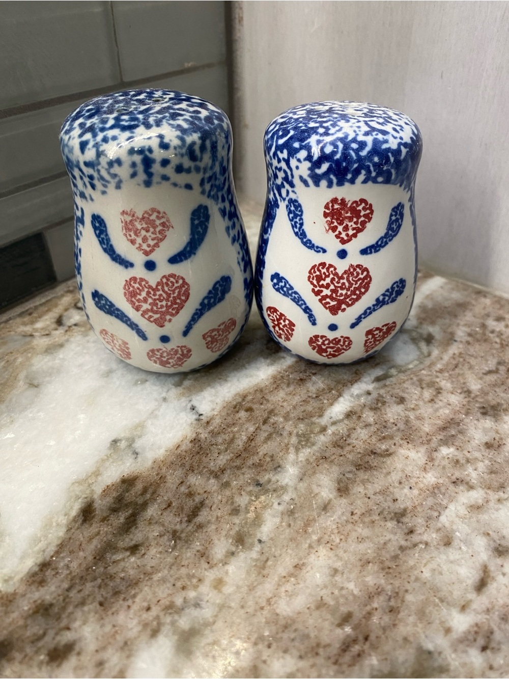 Vintage Blue Spongeware Ceramic Salt & Pepper Shakers Red Hearts Set